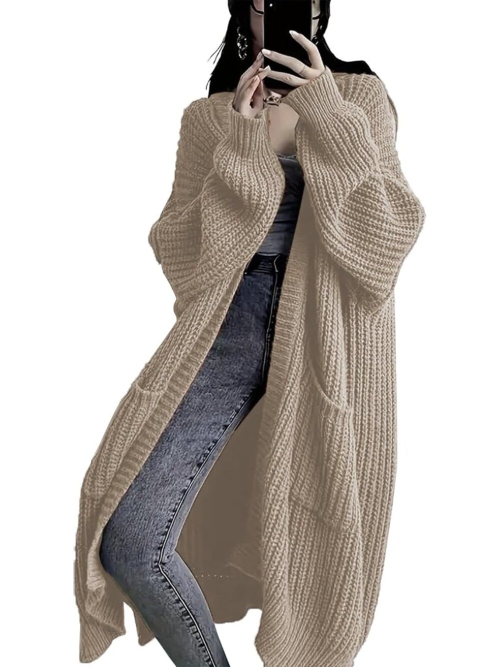 Women Apricot Long Cardigan Sweaters Chunky Knit Open Front Pockets Duster Coats